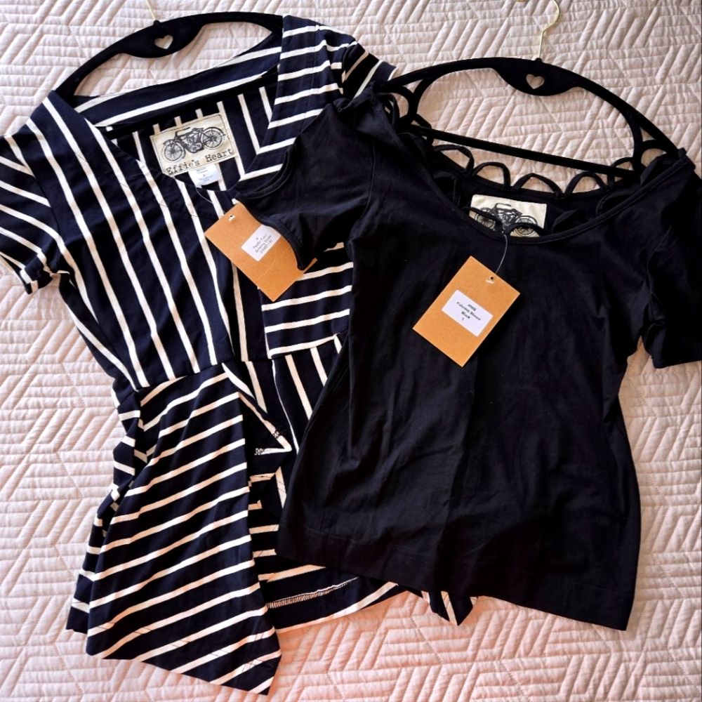 2 - NWT Effie's Heart Blouses Tops Pacific Tunic Britannia Stripe Palermo Black